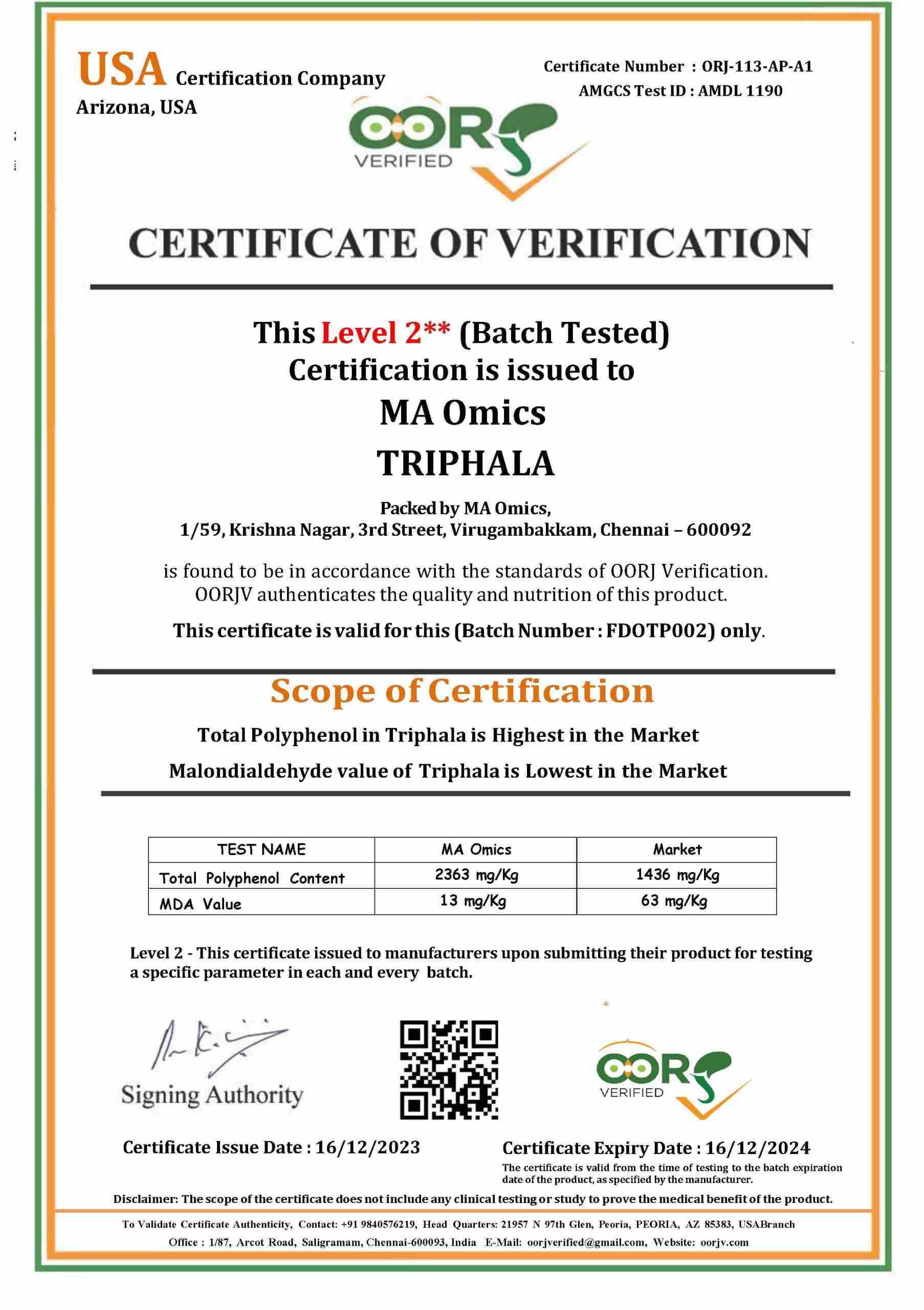 Triphala OORJV Certificate