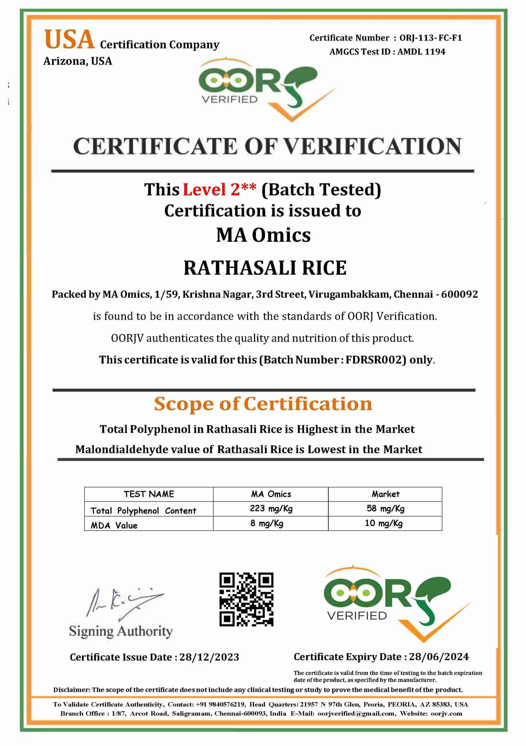 Rathasali Rice - OORJV certificate