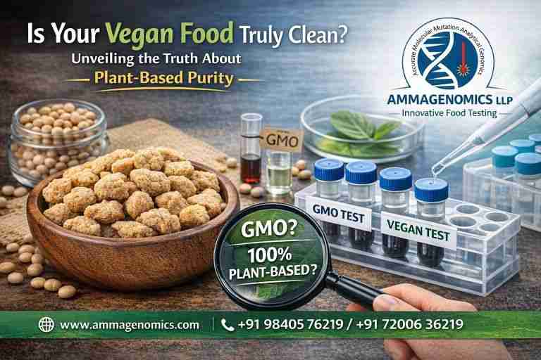Soy product undergoing PCR-based vegan verification and GMO testing in accredited food laboratory.