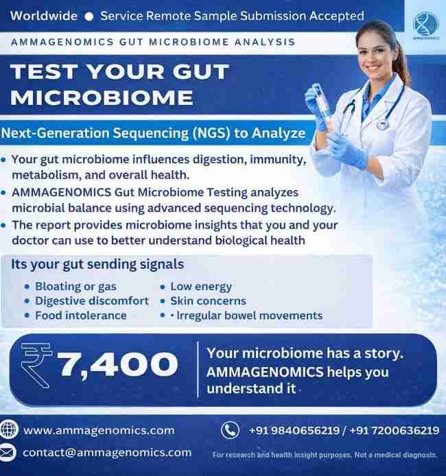 AMMAGENOMICS gut microbiome testing using next-generation sequencing (NGS) to analyze microbial balance.